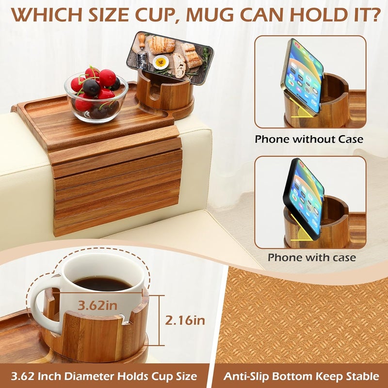 GHKINMAL Couch Cup Holder Tray, Acacia Wood Couch Armrest Table with 360° Ratated Phone Holder, 18.99" Flodable Anti-Slip Sofa Armrest Tray Tables for Snacks Remote Storage - Image 4